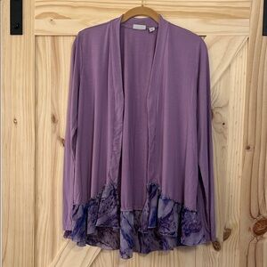 LOGO by Lori Goldstein Purple Cardigan with Ruffle Hem